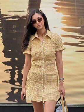 NWT ZARA GINGHAM FRILL DRESS MUSTARD 4661/327 Sz-S